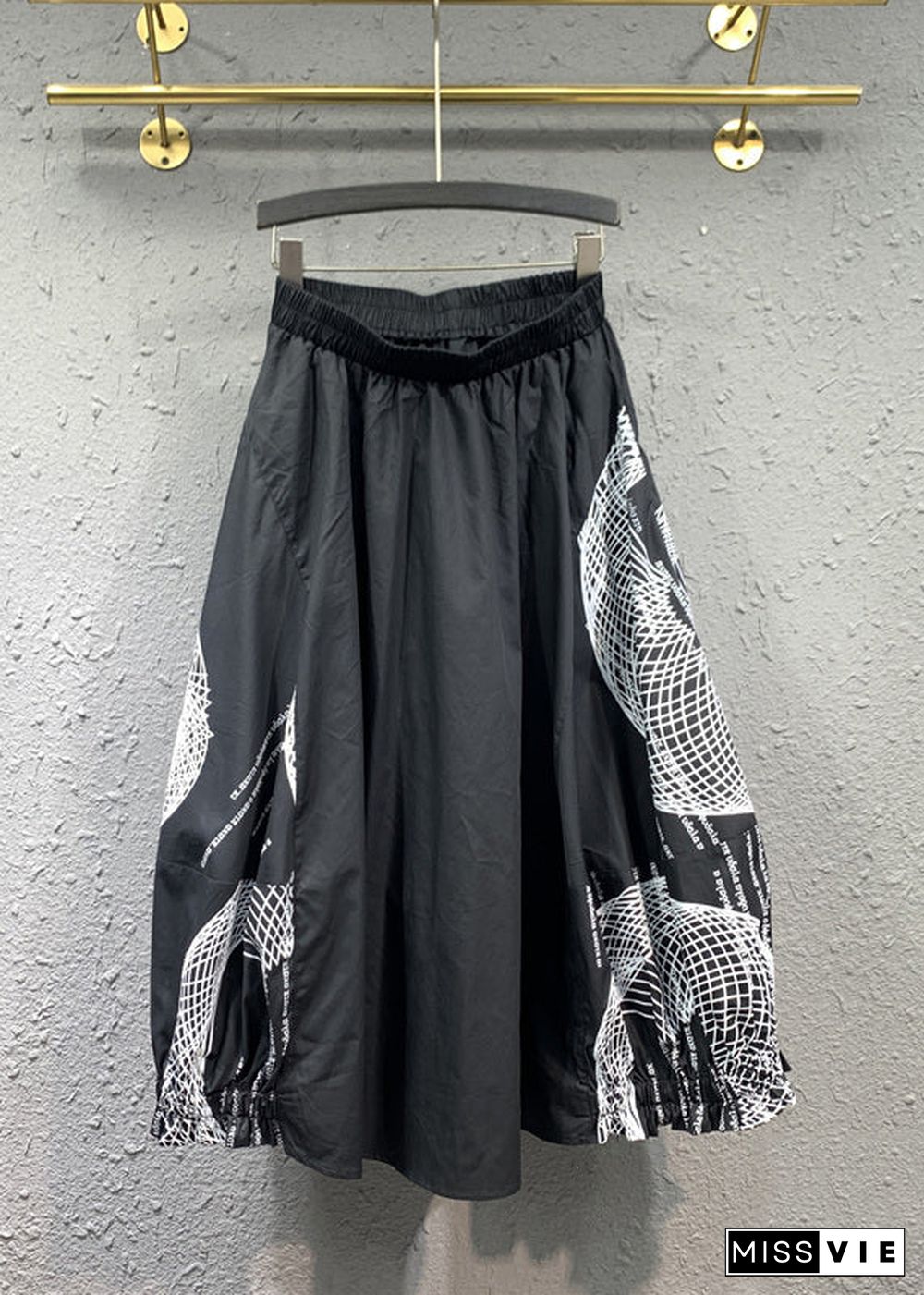 Italian Black Wrinkled Print Patchwork Cotton Skirts Fall