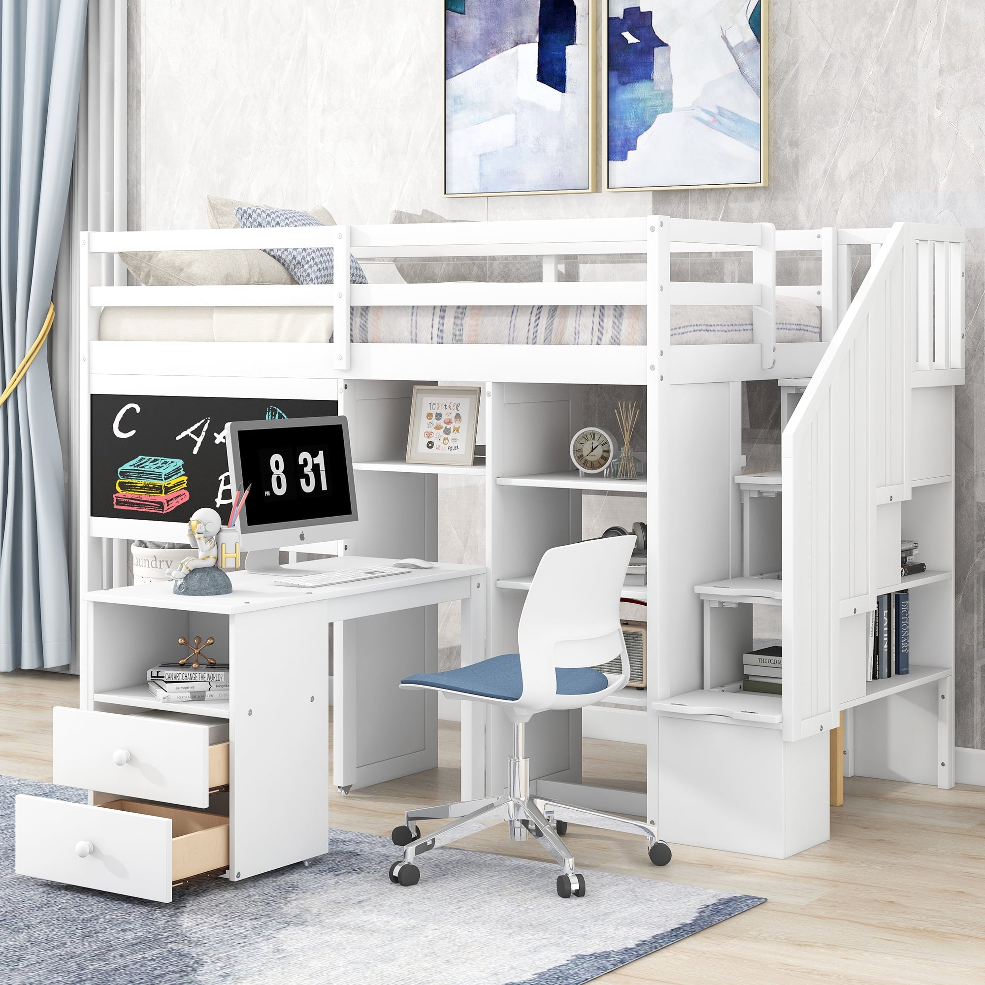 Pine Wood Loft Bed with Storage Staircase, Desk, Drawers and Blackboard for Kids, Twin, White