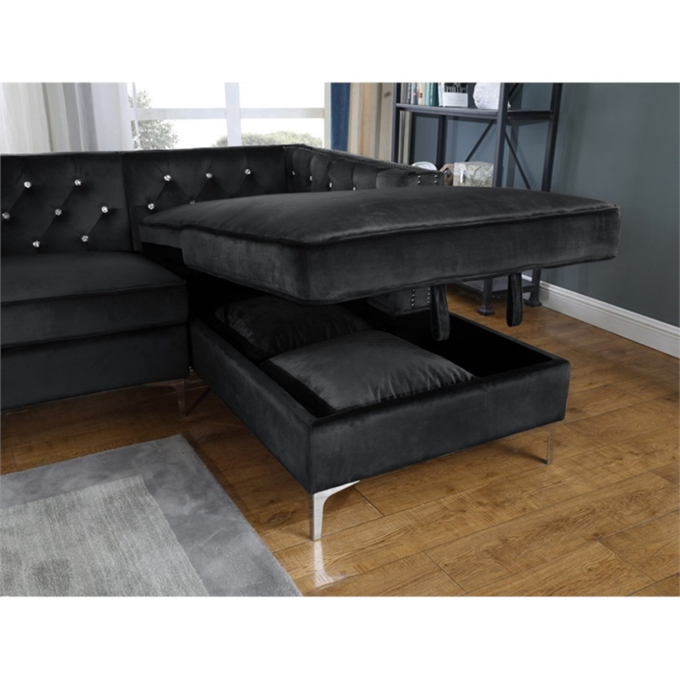 Black Velvet Upholstered Sectional with Storage and Faux Crystal Tufts   Midcentury   Sectional Sofas   by Homesquare  Houzz