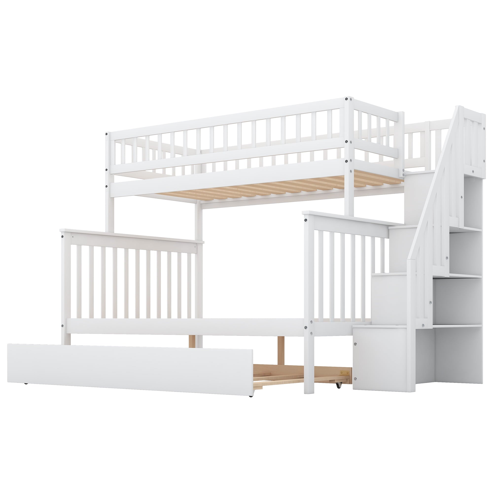 Euroco Twin Over Full Bunk Bed with Trundle and Stairs for Kids, White