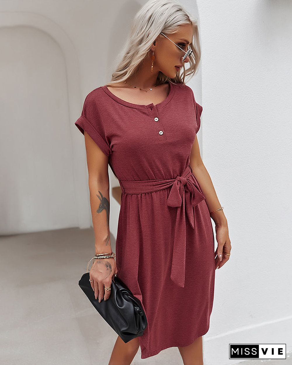 Round Neck Short Sleeve Waist Tie Midi Dress