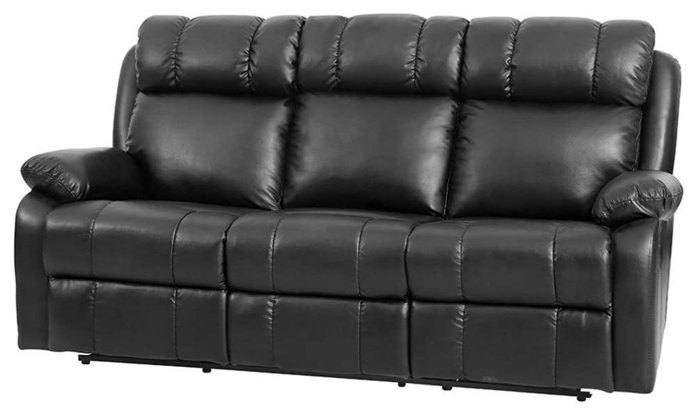 Modern Reclining Sofa  Manual Design With Extra Padded PU Leather Seat  Black   Contemporary   Sofas   by Decorn  Houzz