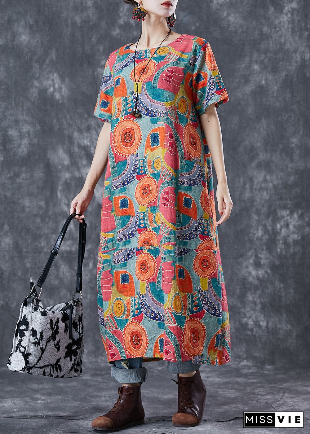 Fitted Orange Oversized Print Linen Maxi Dresses Summer