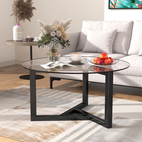 Modern Black Round Glass Coffee Table with Wood Base