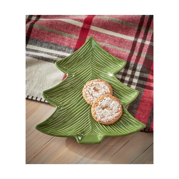 9 x 10 Green Snow Tree Shaped Ceramic Decorative Christmas Serving Platter