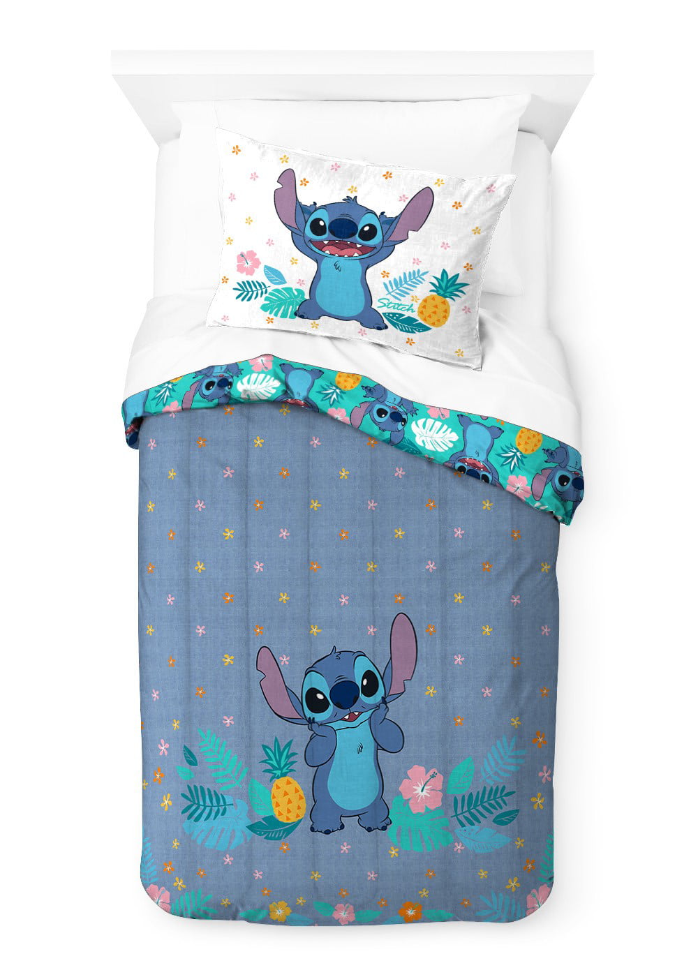 Lilo and Stitch Hawaiian Denim Kids 2-Piece Twin/Full Reversible Comforter and Sham Bedding Set， Microfiber， Blue， Disney