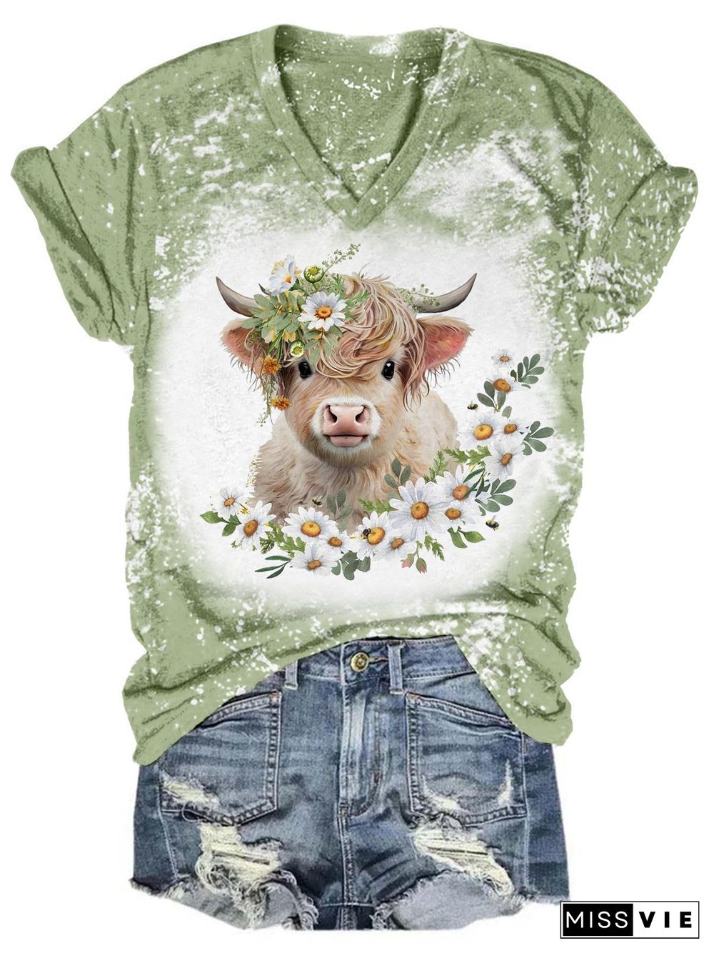 Daisy Highland Cow Tie Dye V Neck T-Shirt