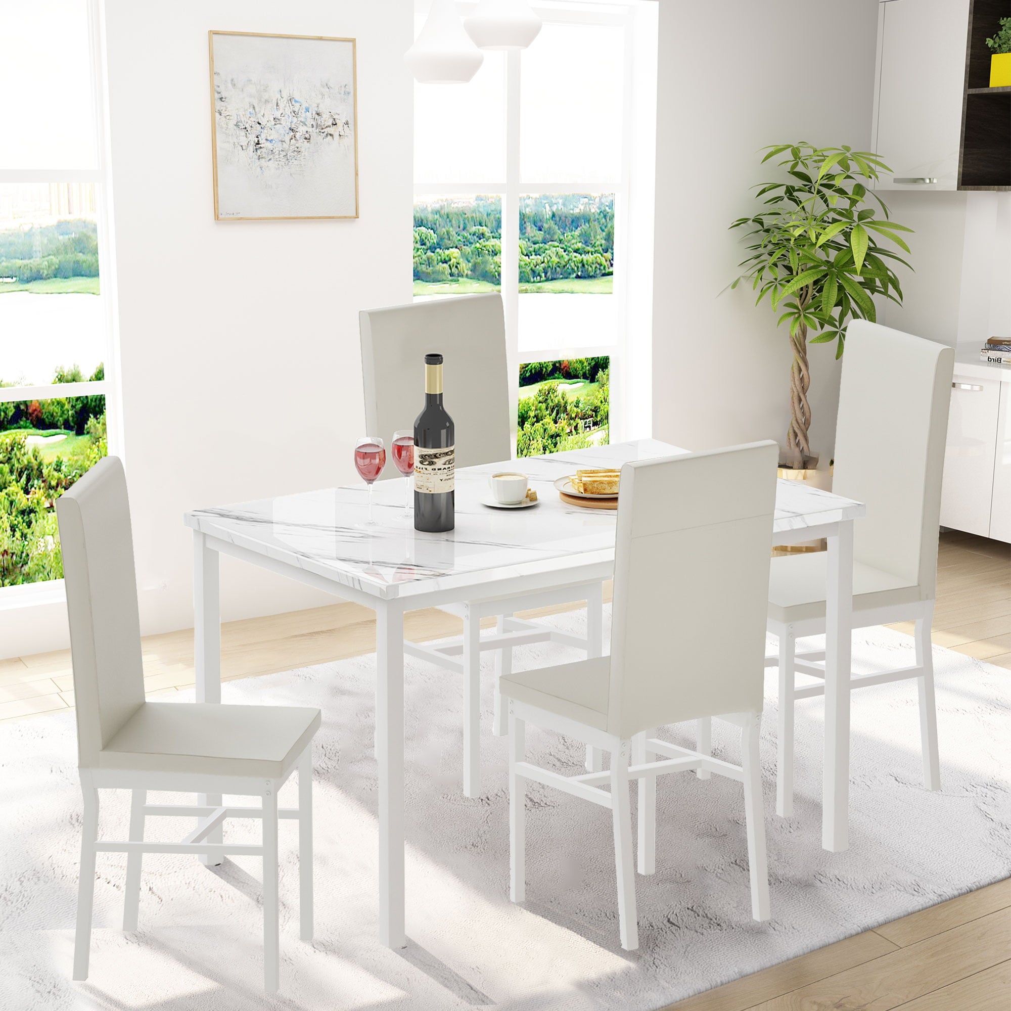 paproos Dining Table Set for 4, Modern 5-Piece Kitchen Table Set with Marble Top and Faux Leather Upholstery Chairs, Heavy Duty Dinette Sets for Breakfast Nook, Dining Room Table and Chairs, White