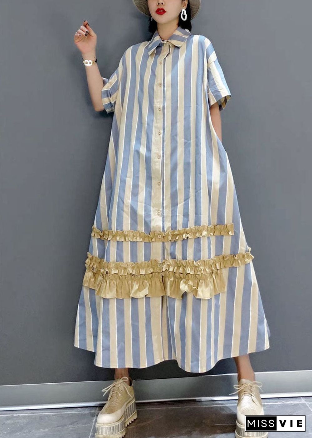 Italian Yellow Ruffled Peter Pan Collar button Striped shirt Dresses Short Sleeve