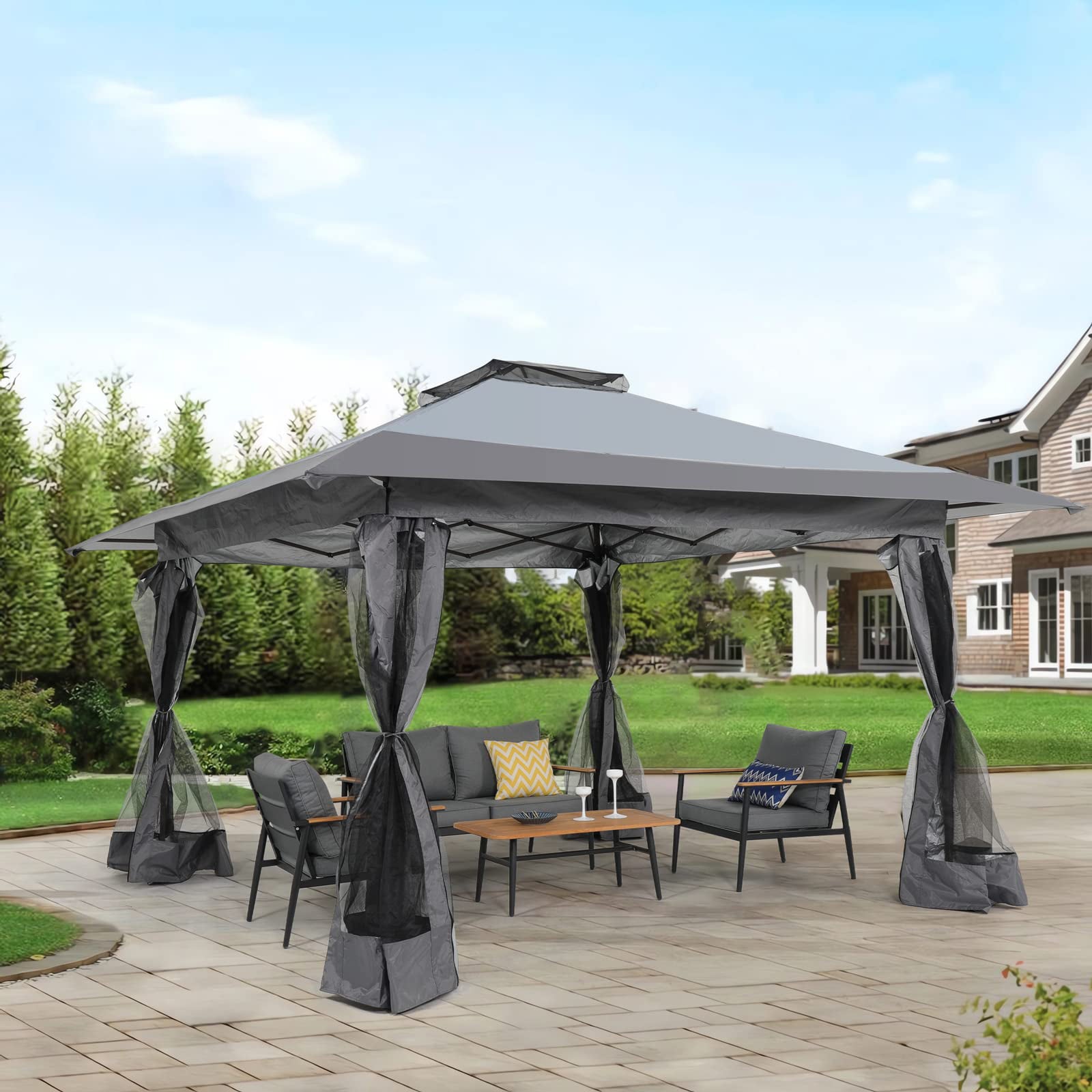 COBANA 13'x13' Outdoor Pop Up Gazebo, Canopy Gazebo Tent Shelter with Mosquito Netting and Shade Canopy for Patio, Garden, Lawn and Backyard, Gray