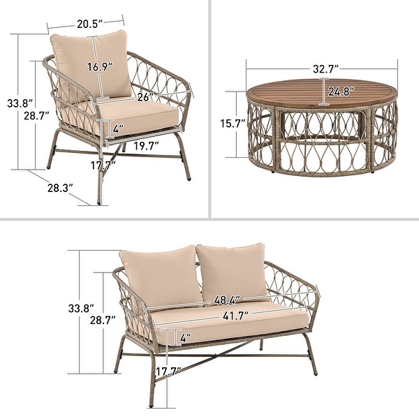 4Piece Wicker Patio Conversation Set with Beige Cushions，With Wood Tabletop