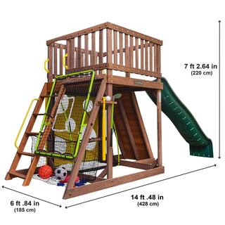 KidKraft All-in-One Sports Adventure Wooden Outdoor Playset with Rock Wall Basketball Goal and Sports Equipment F29335HD