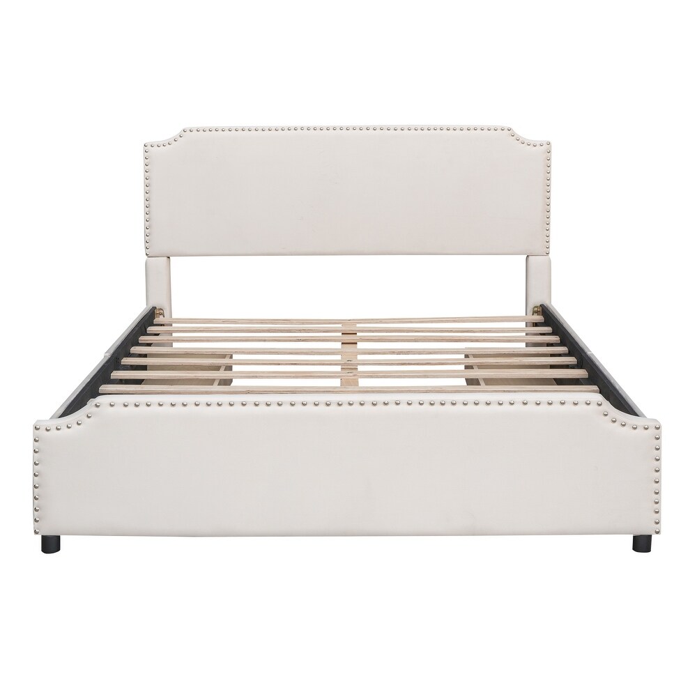 Velvet Queen Bed with 4 Drawers  Deluxe Upholstered Platform Bed w/Stud Trim Headboard   Footboard  No Box Spring Needed  Beige