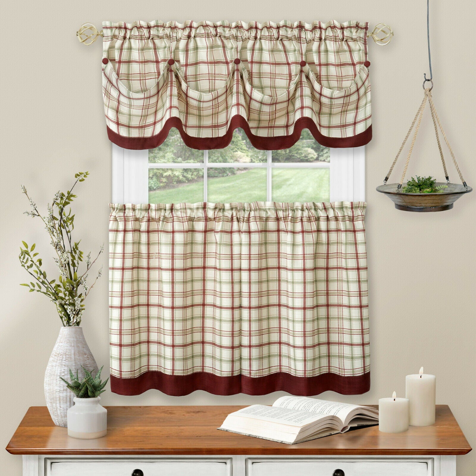 Country Farmhouse Plaid 3 Pc Tattersall Cafe Kitchen Curtain Tier & Valance Set - Burgundy, 24 in. Long