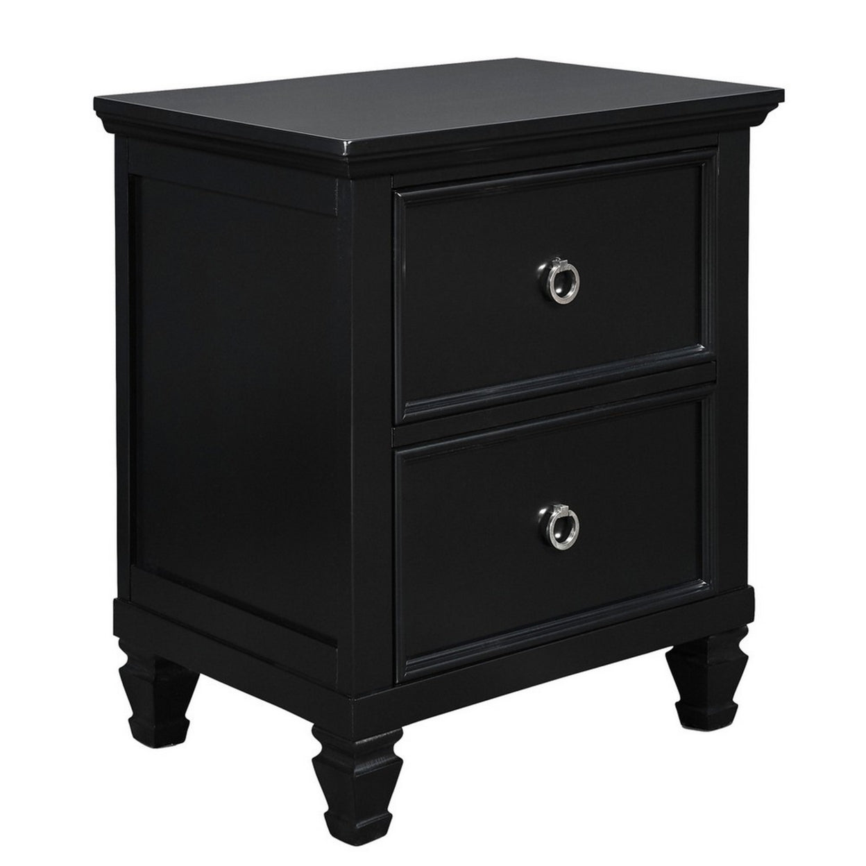 2 Drawer Wooden nightstand with Tapered Legs and Metal Rings, Black- Saltoro Sherpi