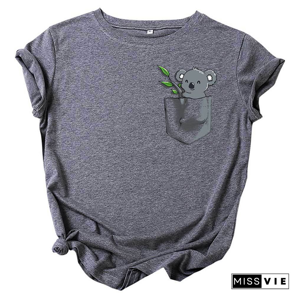 Koala Pocket Print  Round Collar T-Shirt