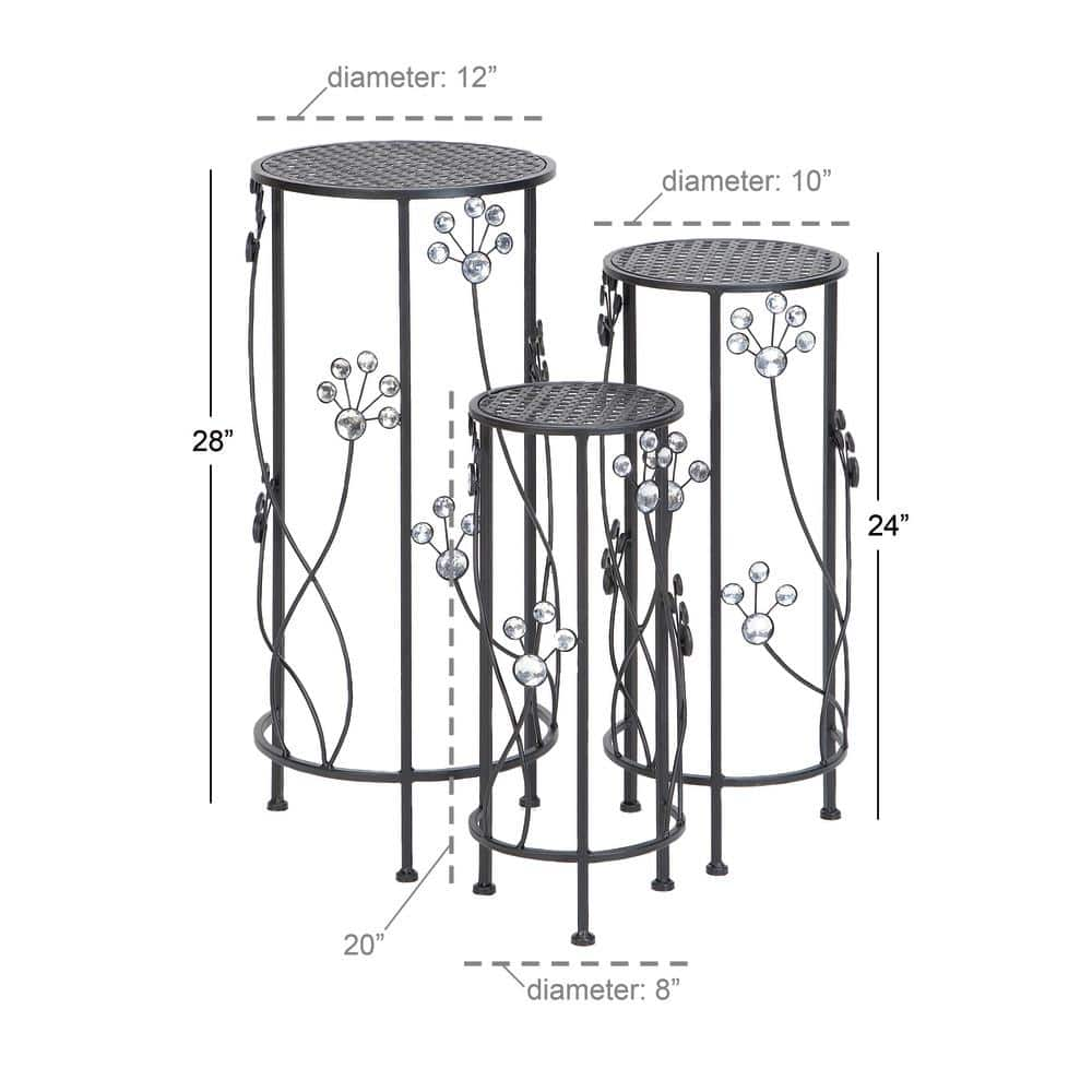 Litton Lane 28 in. Black Cylinder Metal Floral Crystal Plantstand with 3-Tiers 63345