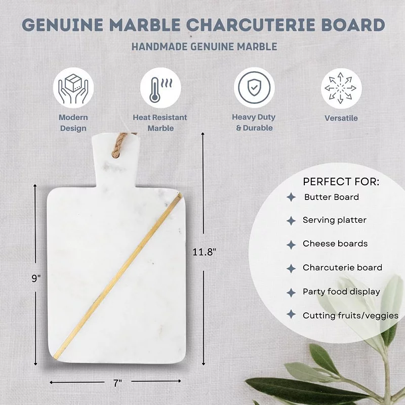 White Marble Single Brass Inlay Charcuterie Board with Handle