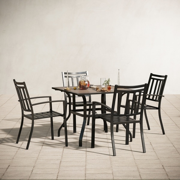 MAISON ARTS 5 Pieces Patio Dining Set with 4 Metal Stackable Chairs and 1 Square Table with WoodLike PVC Top and Umbrella Hole