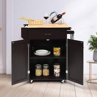 Bunpeony 32 in. W Heavy Duty Brown Rolling Kitchen Island with Spice Rack and Adjustable Shelf ZY1K0101