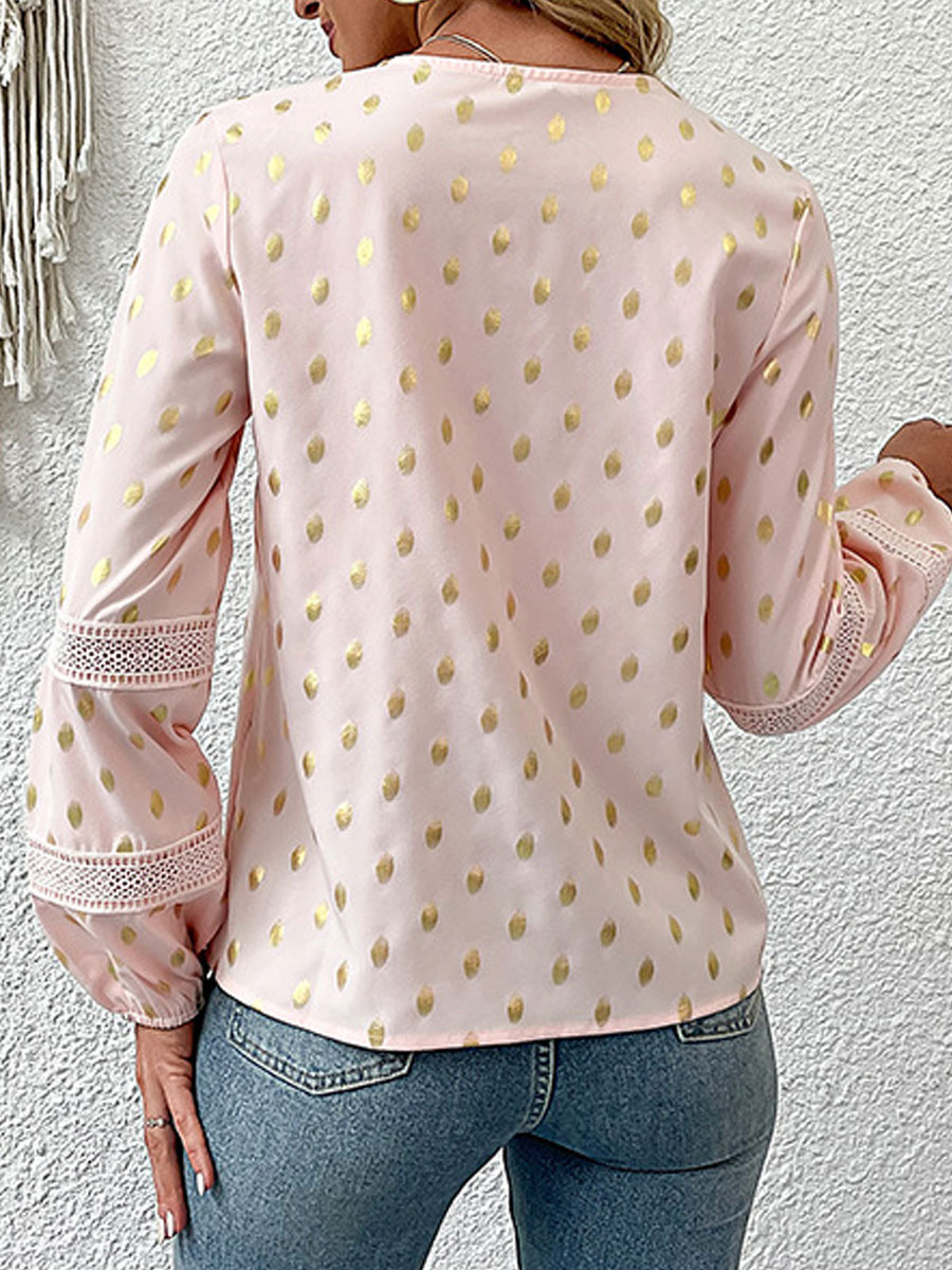 V-neck Lace Casual Loose Bronzing Polka Dot Long-sleeved Blouse