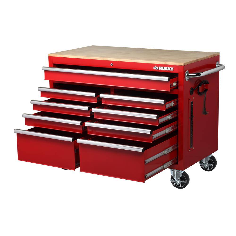 Husky 46 in. W x 24.5 in. D 9-Drawer Gloss Red Deep Tool Chest Mobile Workbench with Hardwood Top H46MWC9RV2-C