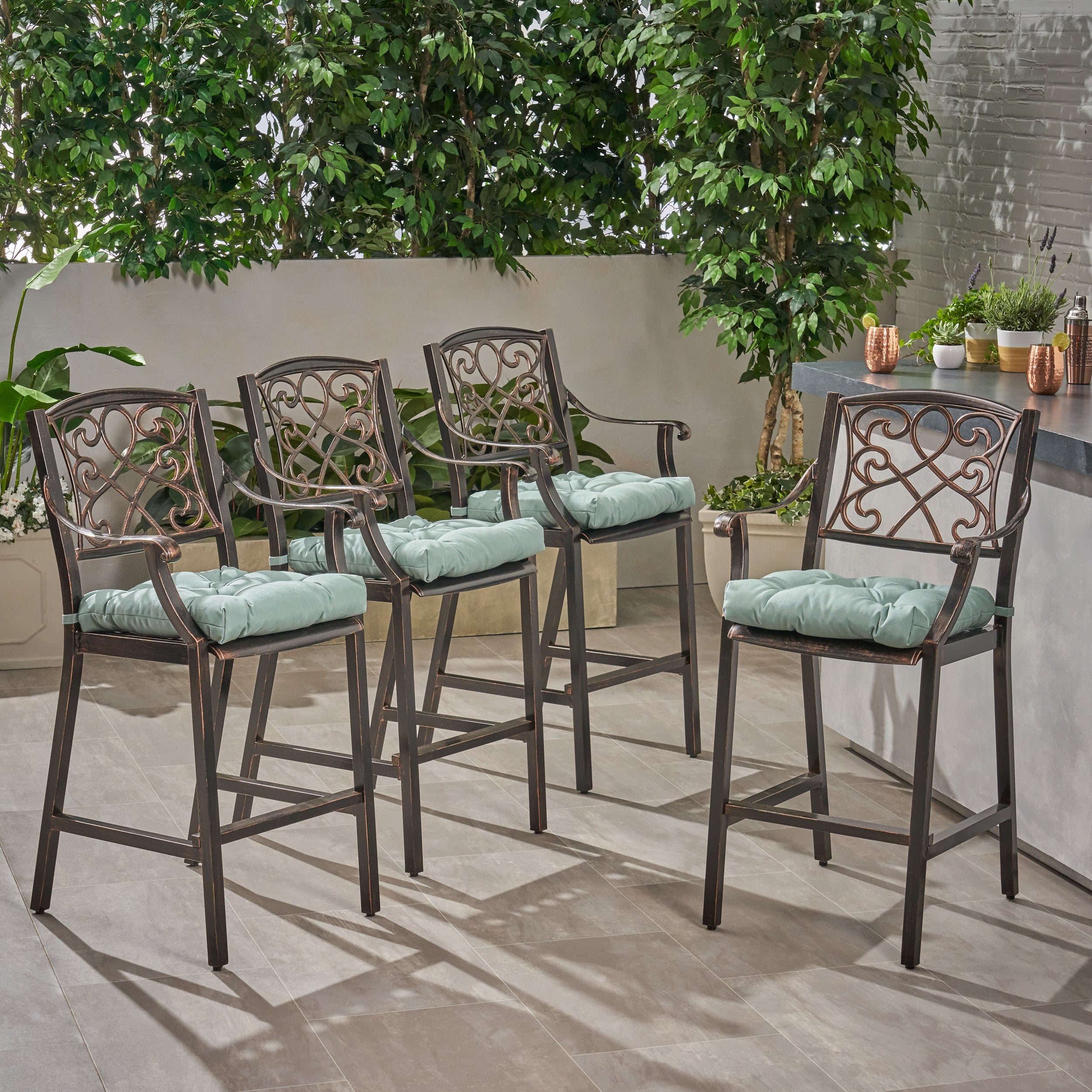 Mariella Outdoor Barstool with Cushion (Set of 4)