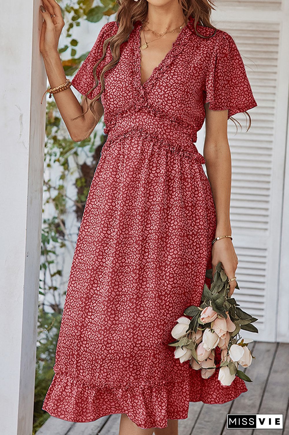 Polka Dot V-neck Short Sleeve Waisted Long Dress Wholesale