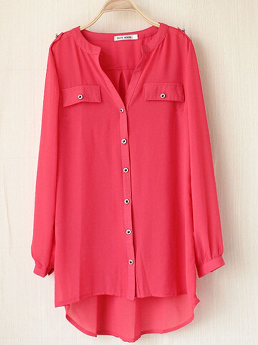 High-end Fashion Simple Double Pocket Stand Collar Loose Chiffon Long-sleeved Shirt