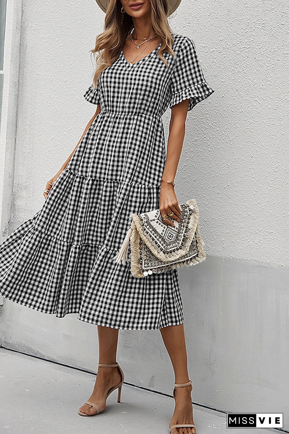 Plaid V-neck Short Sleeve Long Dress Wholesale