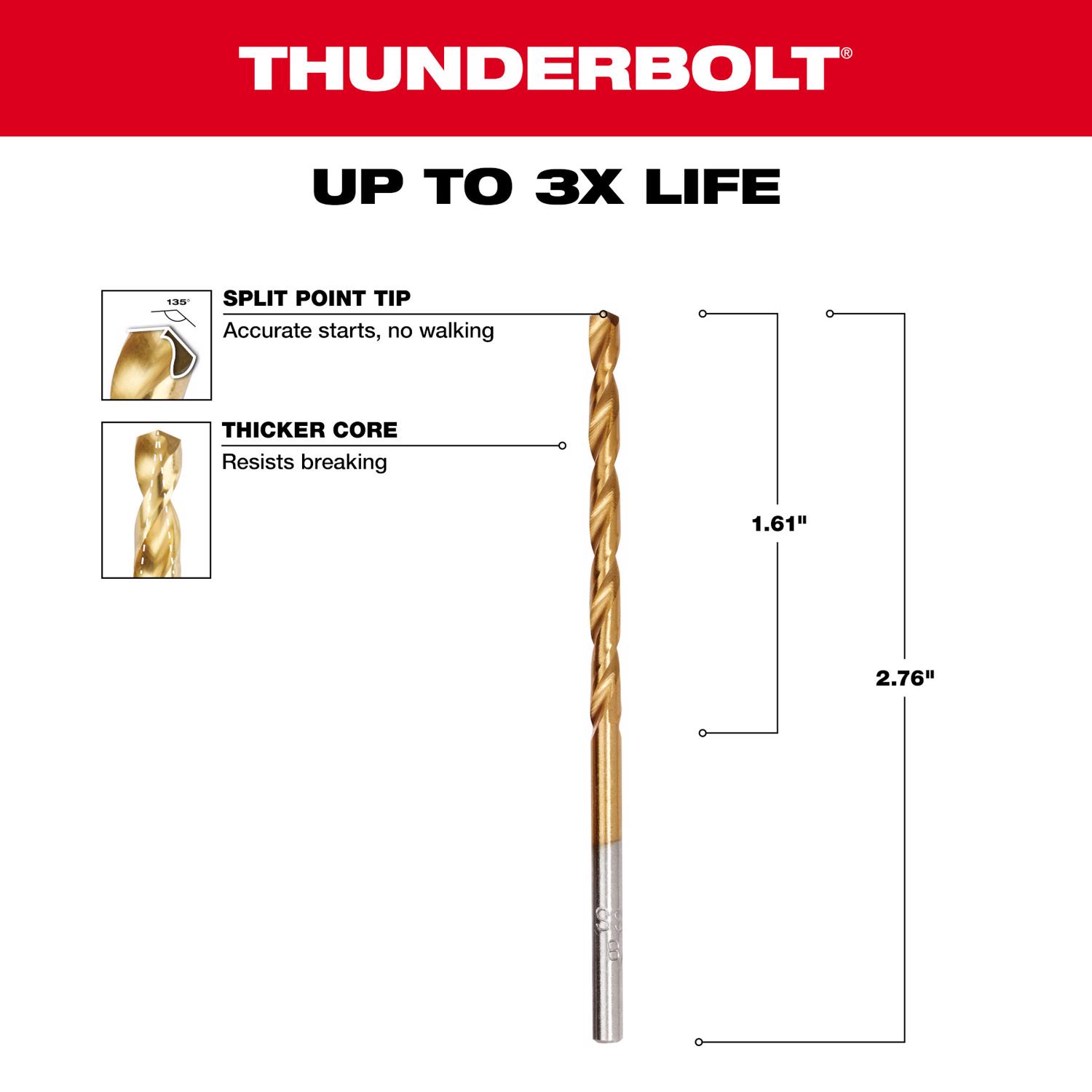 MW Thunderbolt 1/8 in. X 2-3/4 in. L High Speed Steel Drill Bit 1 pc