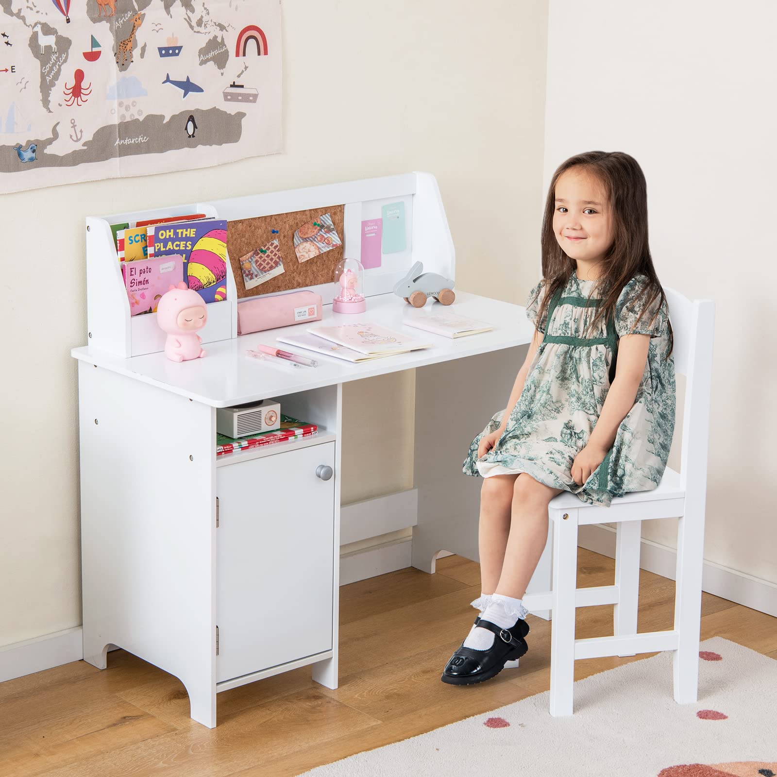 Costzon Kids Desk and Chair Set, Wooden Children Study Table with Hutch