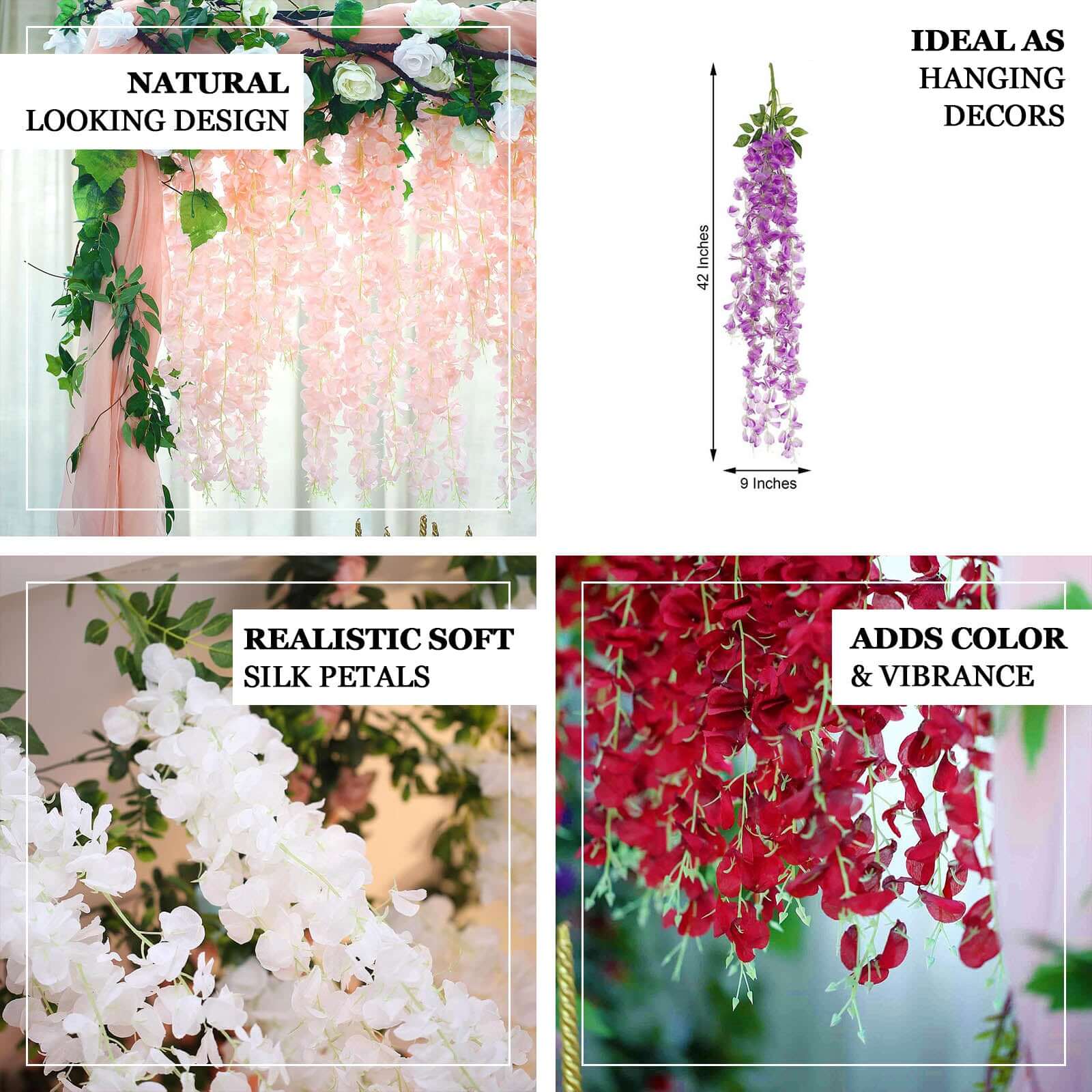 Pink Artificial Silk Hanging Wisteria Flower Garland Vines - Elaborated 5 Full Strands in 1 Bush 42