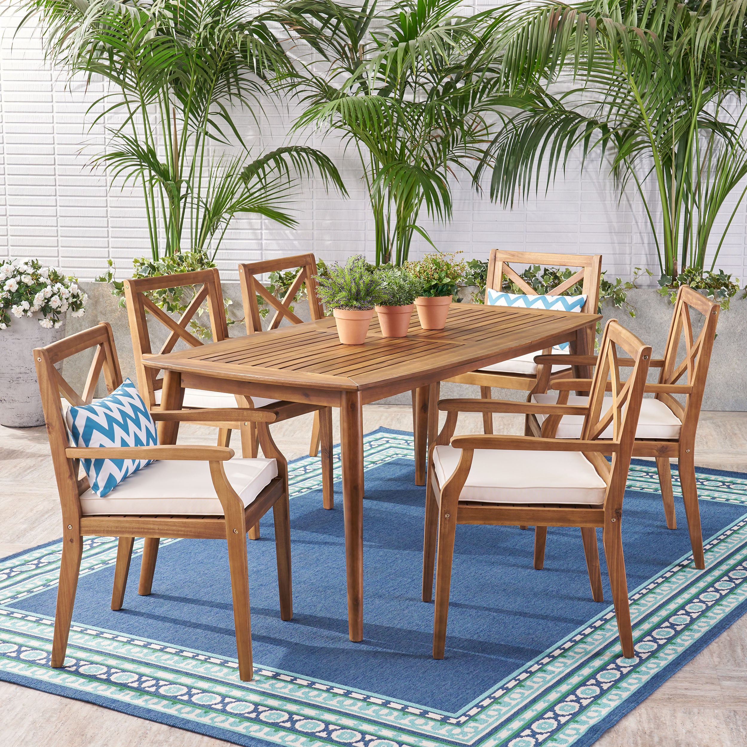 Divyansh Outdoor 7 Piece Acacia Wood Dining Set