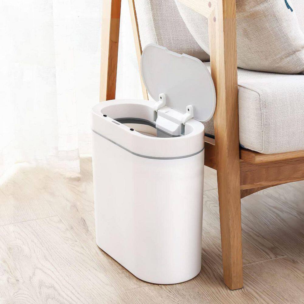 Dracelo 2.5 Gal. White Bathroom Slim Plastic Motion Sensor Trash Can with Lid B08V8LQGL3