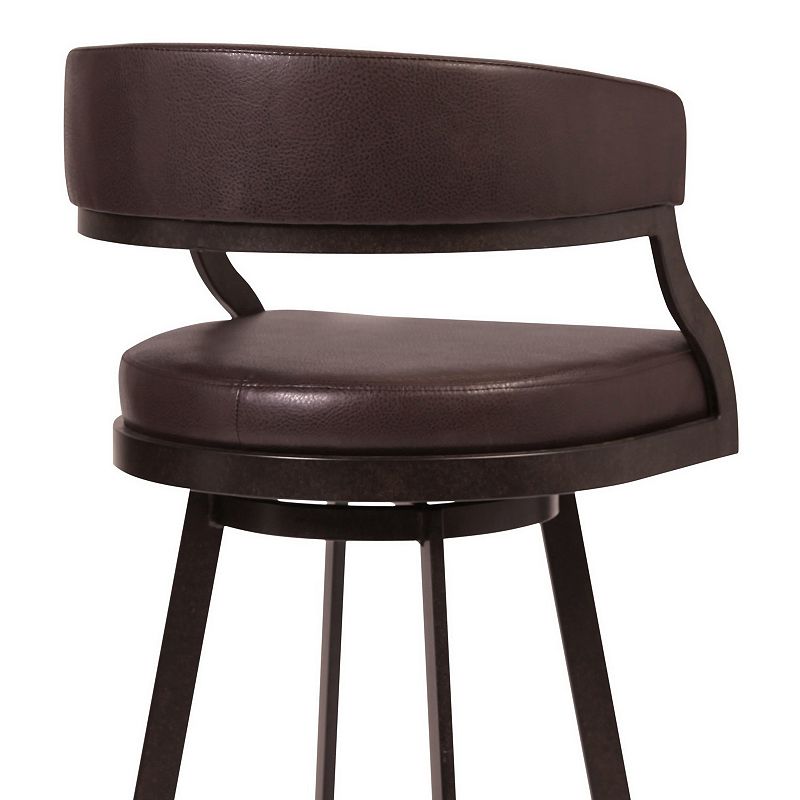 Ava 26 Inch Swivel Counter Stool， Curved， Faux Leather， Auburn Brown