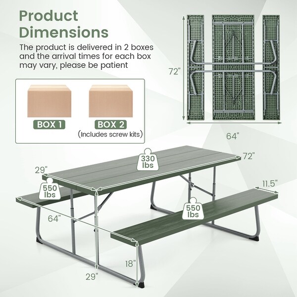 Folding Picnic Table Set with Metal Frame and AllWeather HDPE Tabletop，Umbrella Hole