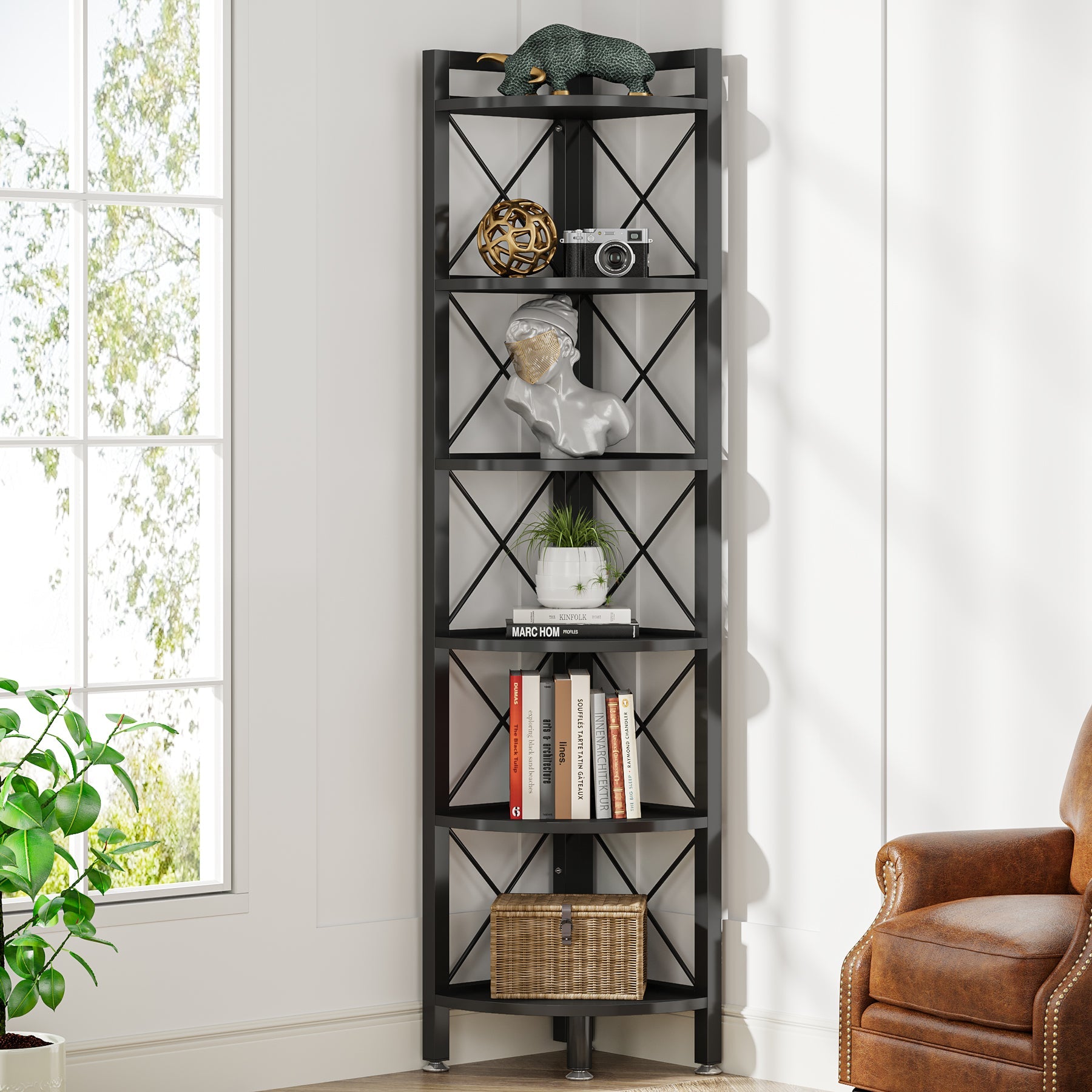 6-Tier Corner Shelf Small Bookshelf Storage Rack for Small Space