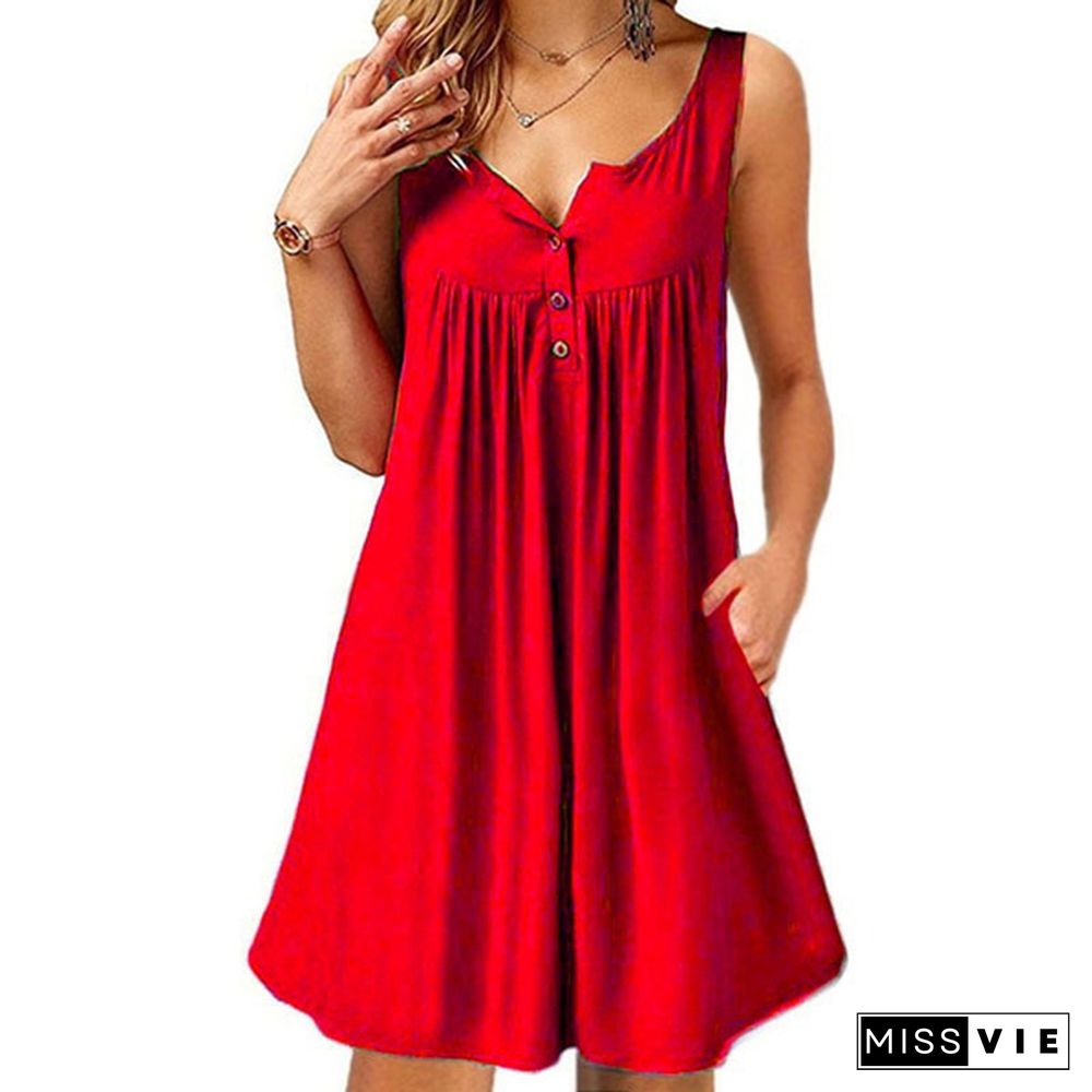 COMENII New S-8XL Women Summer Sleeveless Tank Top Dresses Casual Sexy V-neck Tunic T-shirt Dress Plus Size A-line Loose Beach Wear Ruffles Mini Dress Cotton Party Dress Ladies Fashion Solid Color Button Pleated Pocket Dress