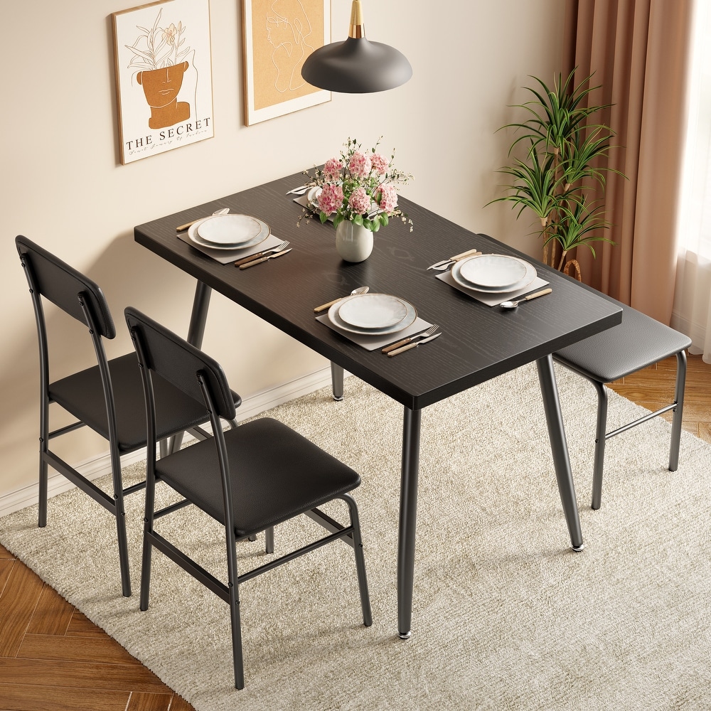 4 Piece Kitchen Dining Table with 2 Upholstered Chairs and Bench for 4