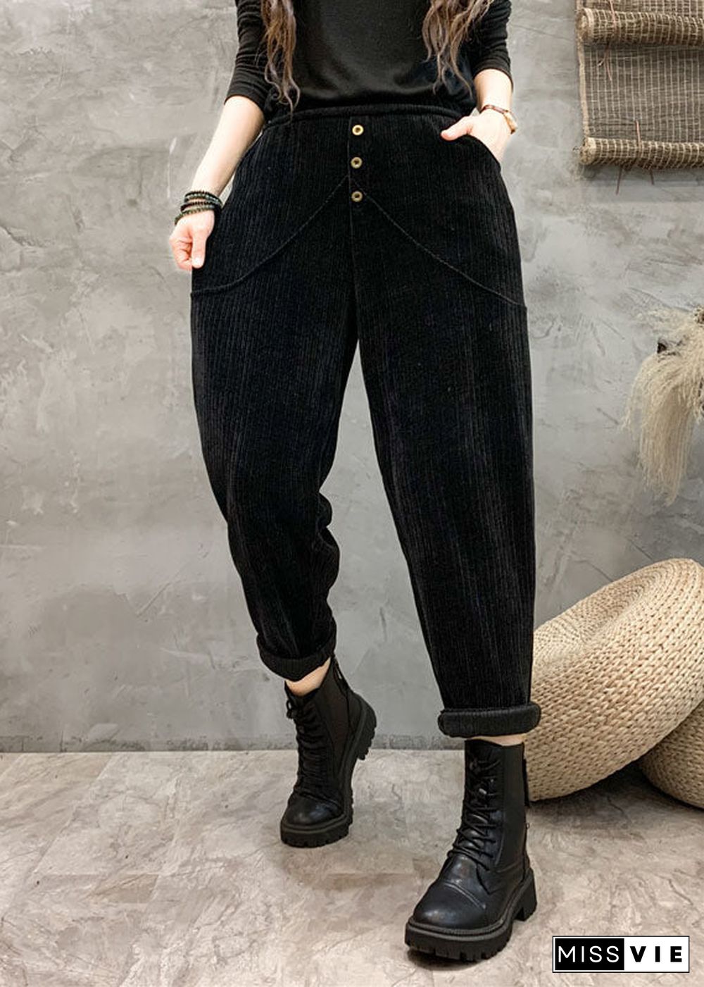 Unique Coffee Pockets Patchwork Elastic Waist Button Harem Pants Fall