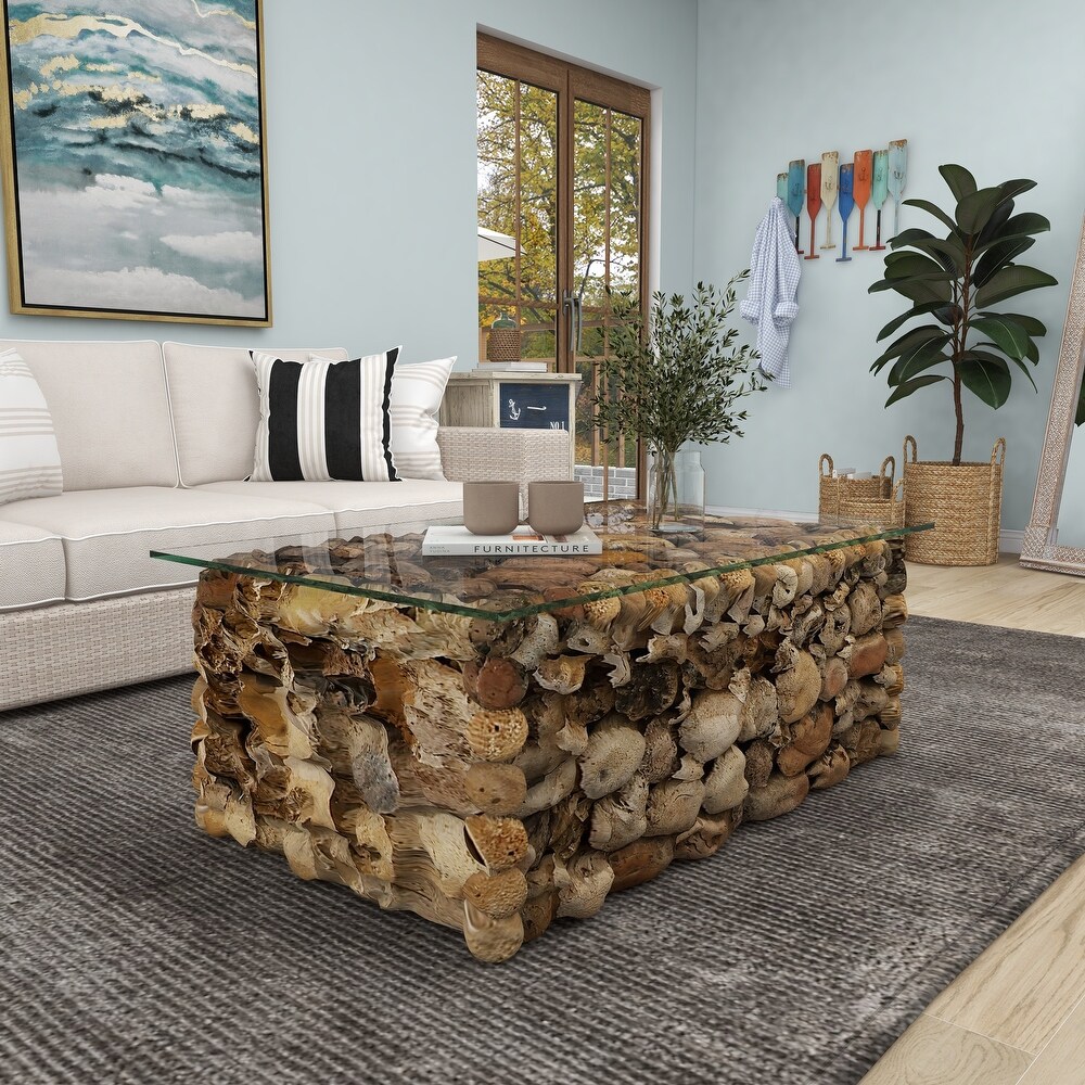 Brown Driftwood Handmade Collage and Pedestal Base Coffee Table with Tempered Glass Top   48\