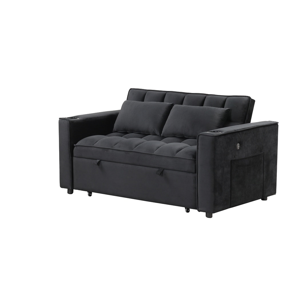 Velvet Upholstered Sofa Bed Convertible Sleeper Sofa with Cup Holder and USB Port   Perfect for Living Rooms and Apartments