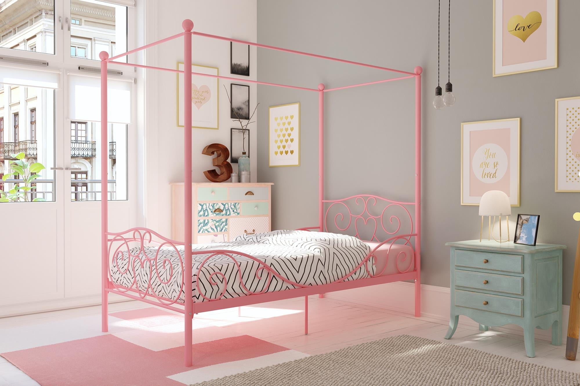 Elm & Oak Metal Canopy Kids Poster Bed, Twin, Pink