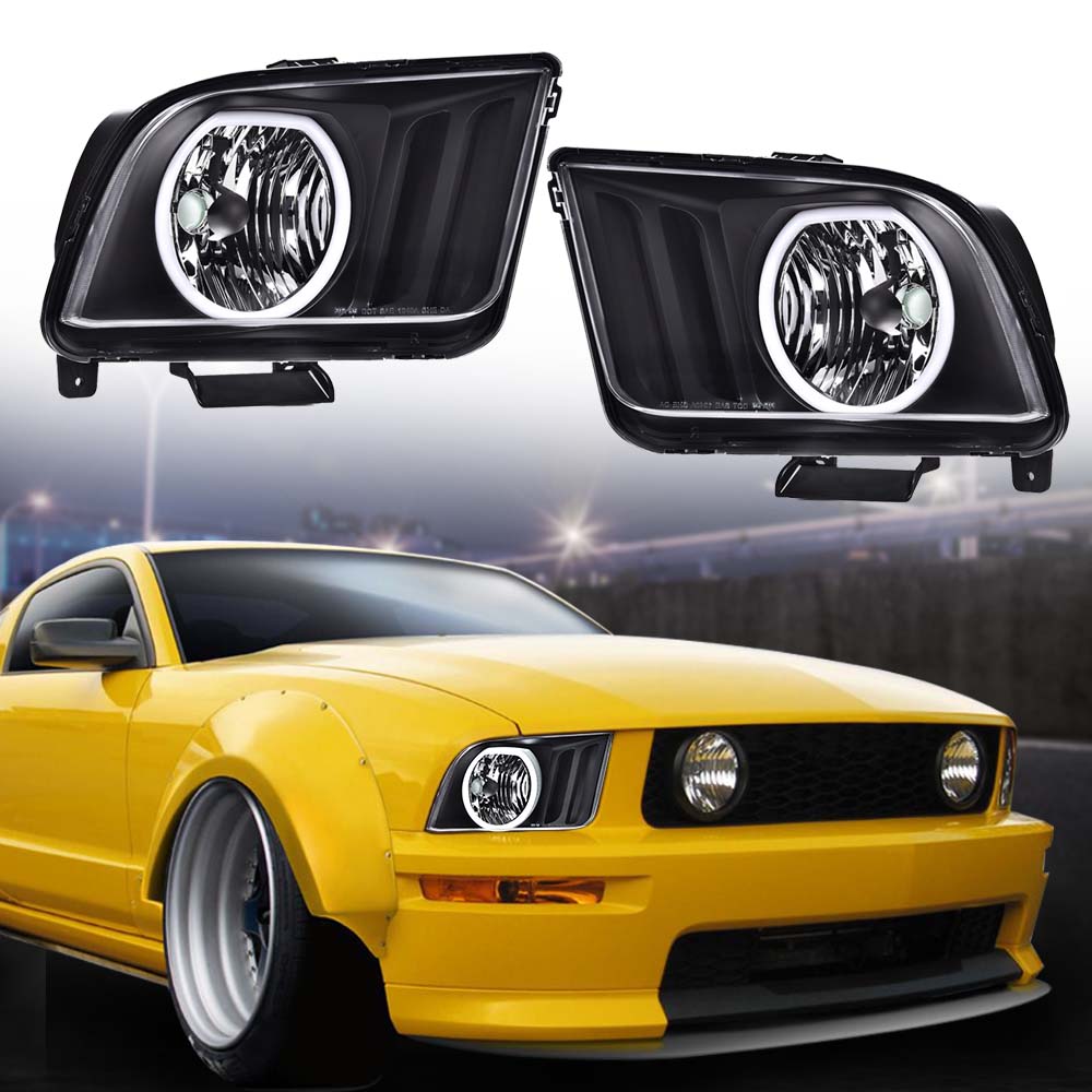 G-Plus Headlights Fit for 2005-2009 Ford Mustang Clear/Black LED DRL Halo Headlights Left and Right