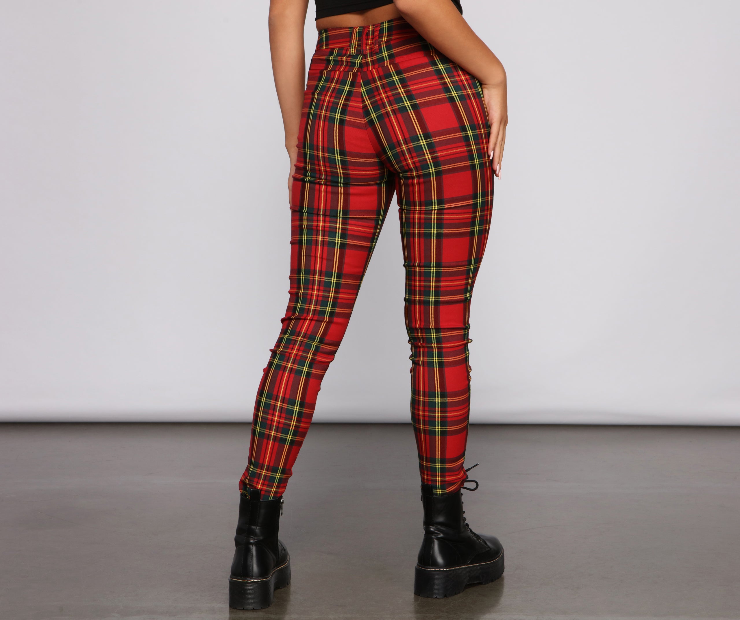 High Rise Zippered Plaid Pants