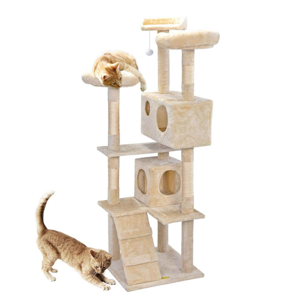 COZIWOW 59.5 in. Cat Tree Kitten Activity Condo Penthouse W/ Scratching Post and Ladder Beige CW12N0207