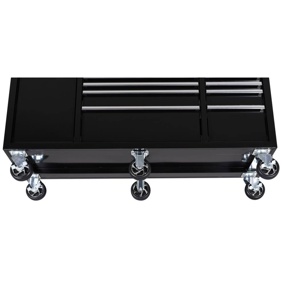 Husky 62 in. W x 20 in. D 12-Drawer Gloss Black Mobile Workbench Cabinet with Solid Wood Top and Power Drawer H62MWC12BLK