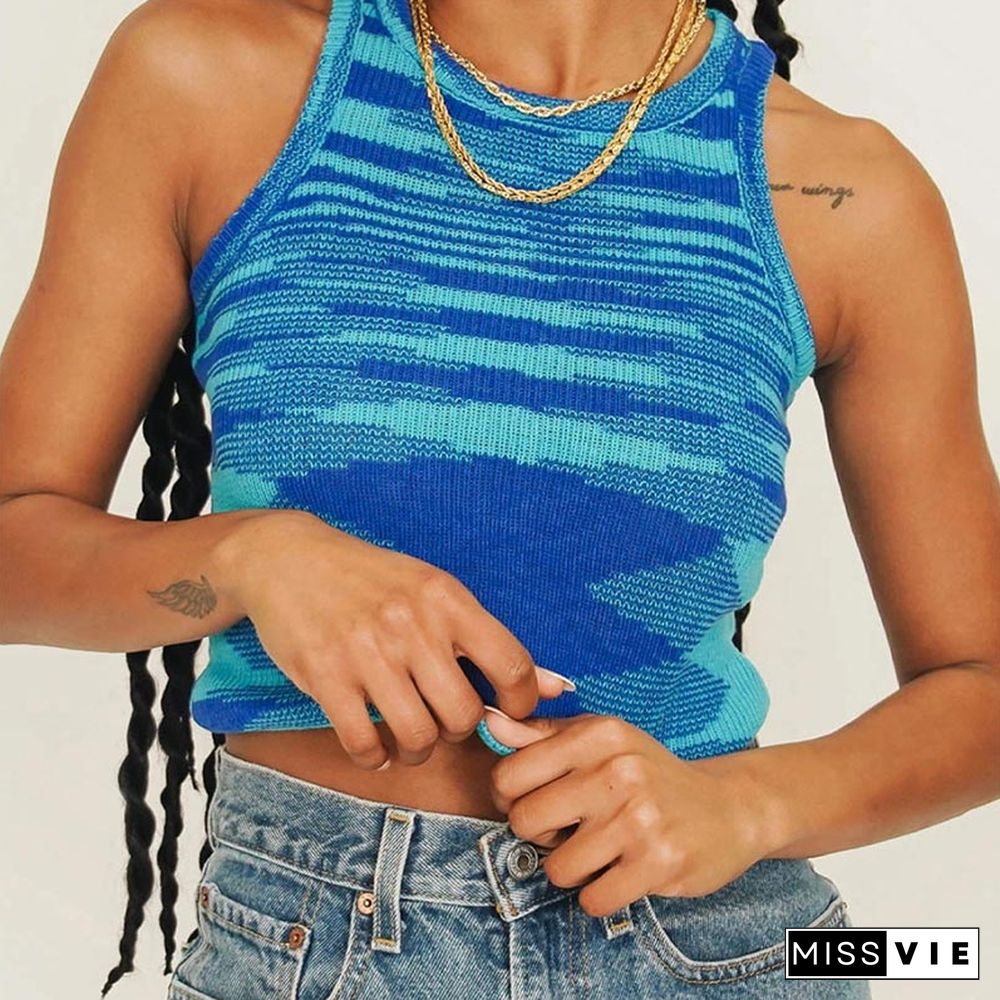 Knit Crop Top Women Sleeveless Y2K Basic T Shirts Casual Summer Off Shoulder Blue O Neck Tank Top Vintage Fashion