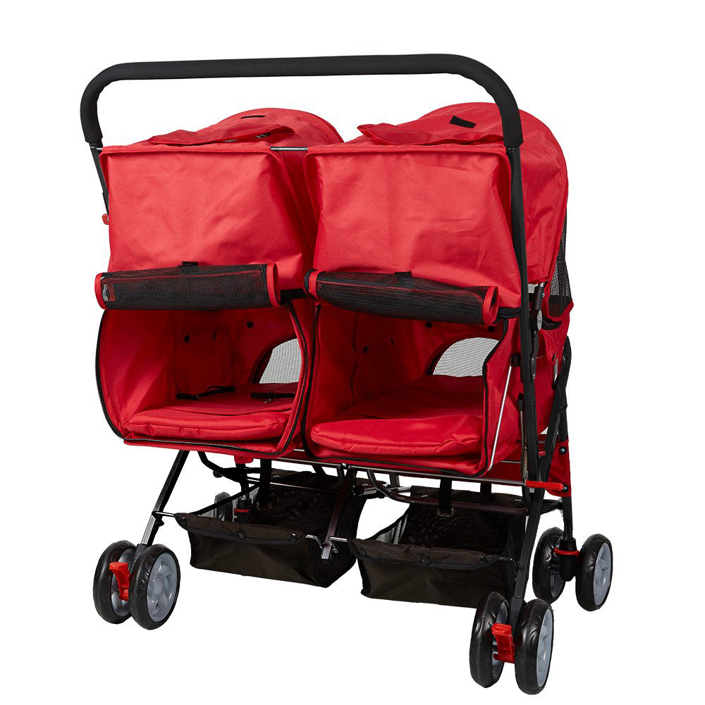 Karmas Product Pet Stroller Foldable Doggy Stroller Two-Seater Carrier Strolling Cart for Dog Cat and More Multiple， Red